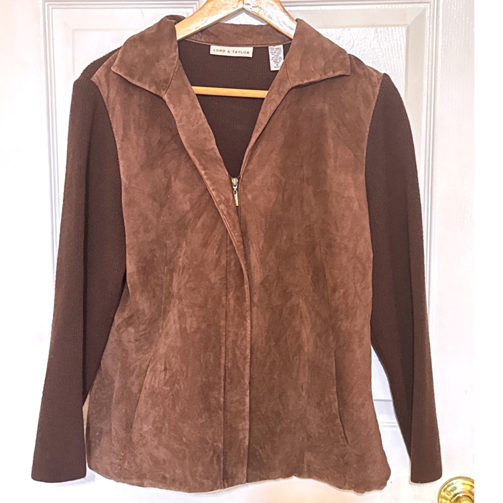 Lord & Taylor Suede Wool Jacket Womens 8 Brown  Mixed Media Zip Up